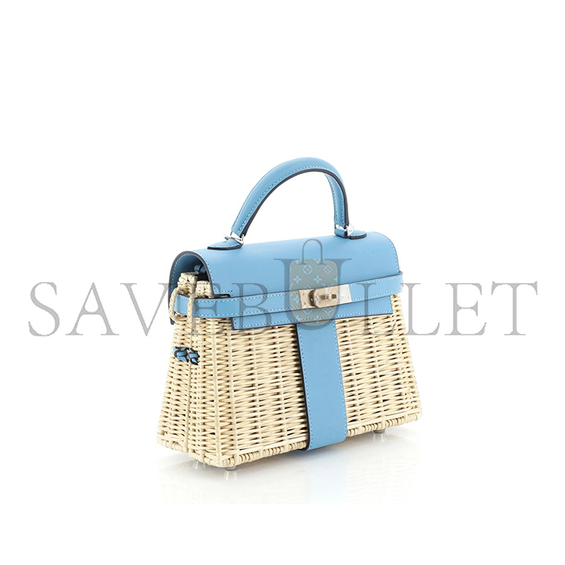 H**mes master picnic mini kelly 20 handbag bleu du nord swift and wicker with palladium hardware (20*14*8cm)
